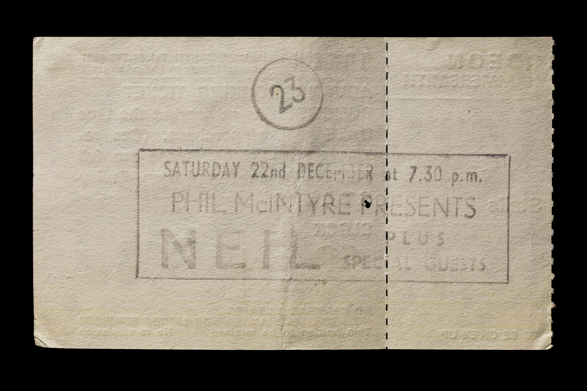 reverse of ticket, Neil's tour London 1984